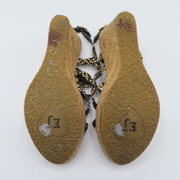 Eric Javits Womens 8 M Rhinestone Black Woven Raffia Cork Wedge Sandals Heels - Picture 10 of 12